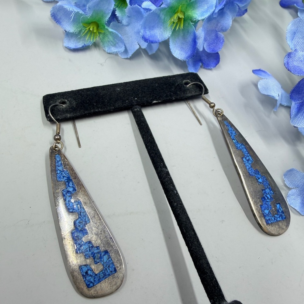 Mexico Alpaca Signed Long Teardrop Silver Earrings with Blue Turquoise Stone